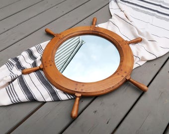 SHIP WHEEL Mirror - Vintage Maple Wood Helm Round - Boat Boating Sailing Sail - Wall Accent Circle Wooden Summer Beach House Home Decor 80s