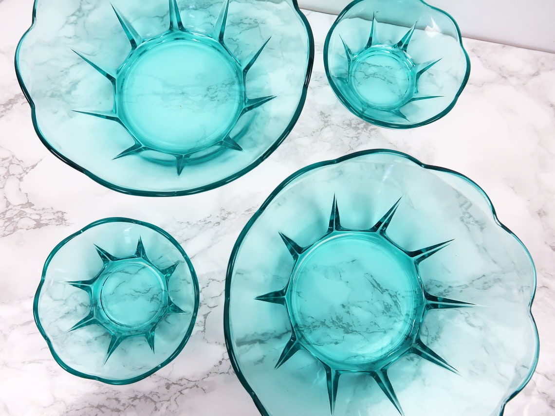 AQUA BLUE Glass Bowls Vintage Mid Century Modern Scalloped Etsy
