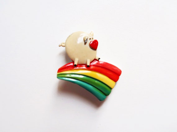 RAINBOW PIG Pin - Vintage Metal Enamel Cloisonne … - image 1