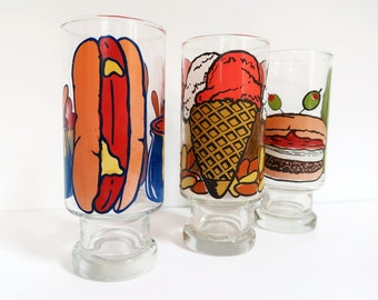 3 POP ART FOOD Glasses - Vintage Highball Tumbler Drink Set - Hamburger Fries Hot Dog Ice Cream - Retro Boho Kitchen Dining Home Bar Decor