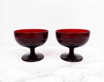 2 RED Goblet Cordial Glasses - Vintage Small Cocktail Crimson Glass Set Pair of Two Short Kitchen Drinking Drinkware Barware Home Bar Decor