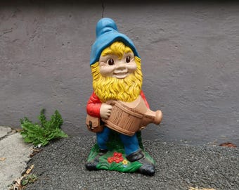 FLORAL GNOME Figurine - 18" Vintage Ceramic Large Garden Watering Can Outdoor Lawn Patio Tabletop Mantle Spring Summer Home Decor 1970s 70s