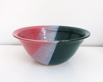 PINK & TEAL Bowl - Vintage Cagle Road Pottery Signed LSB - Ceramic Large Fruit Serving Dish - Handmade Kitchen Tabletop Home Decor 1990s 90s
