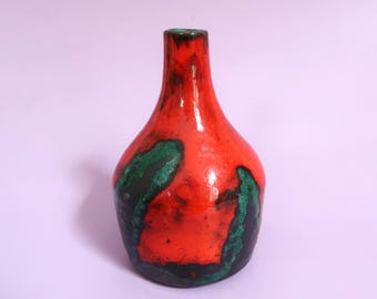 Mini Bud Vase - Vintage Ceramic Red Orange Teal Drip - Small Tabletop Mantle Shelf Accent Home Decor - Handmade and Hand Modeled in Germany