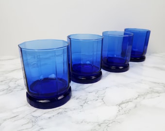 4 COBALT DECAGON Glasses - Vintage Anchor Hocking Blue Glass Geometric Faceted Mid Century Mod Kitchen Drinking Drinkware Barware Home Decor