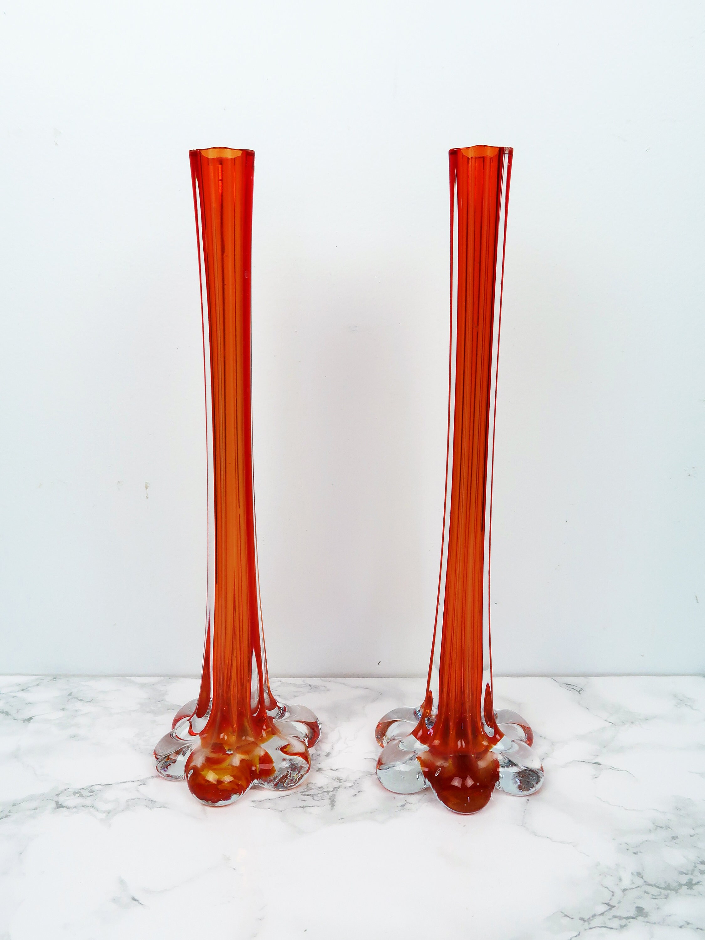 2 FLORAL Orange Bud Vases Vintage Art Glass Skinny Tall Etsy