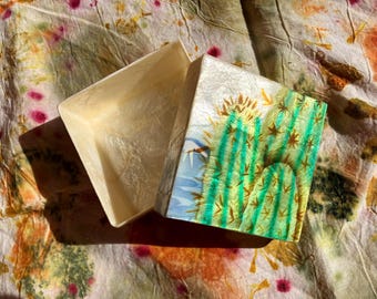 CACTUS Box - Vintage Mother of Pearl Shell Square Small Gift Jewelry Storage Lid BOHO Southwestern Nature Home Decor Trinket Holder Keepsake