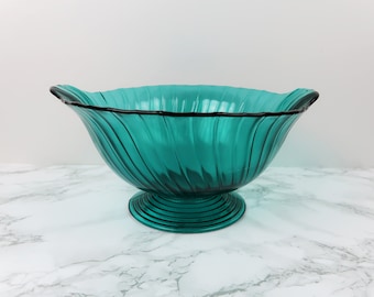 TEAL SWIRL Pedestal Bowl - Vintage Blue Green Glass Swirl Pattern Texture Large Fruit Kitchen Dining Serving Centerpiece Tabletop Home Decor