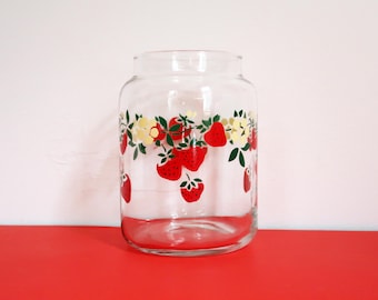 STRAWBERRY Jar - Vintage Anchor Hocking Glass Vase Tumbler Cup Spring Summer Fruit Floral Berry Art Kitchen Dining Drinkware Home Decor 80s