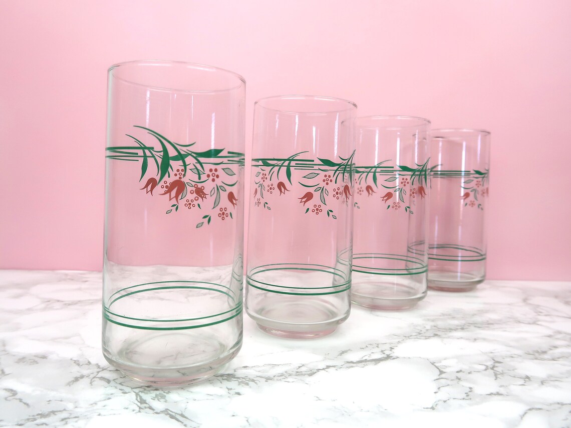 4 PINK TULIP Glasses Vintage Glass Drinking Tumbler Set Four Etsy