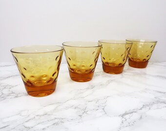 5 AMBER DOT Glasses - Vintage Set Short Cocktail Tumbler Glass Cups - Gold Marigold Circle Pattern Kitchen Dining Drinkware Barware 80s