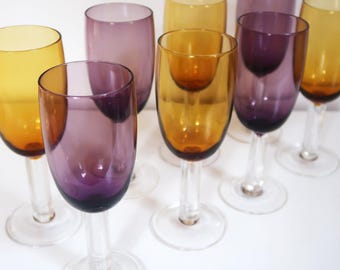 CHUNKY Stem Glasses - Vintage Cocktail Amber Purple Glass Thick Round Cylindrical Mid Century Modern Home Bar Barware Kitchen Dining Decor
