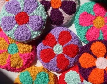 FLOWER Mug Rugs - Set of 3 Handmade Punch Needle Coasters - Colorful Floral Flowers Spring Summer Mod Drinkware Kitchen Home Decor