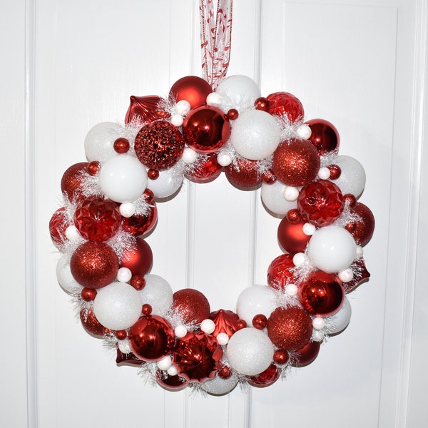 New Colors!! Christmas Red and White Ornament Wreath- 17 inches