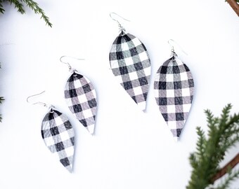 Black and White Buffalo Plaid/Christmas Leather Earrings/ Leather Earrings/  Leather Leaf Earrings
