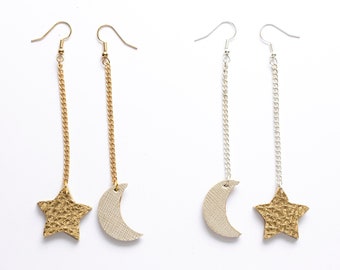 Falling Star and Moon Leather Earrings/ Star Earrings/ Dangle Earrings/ Double Sided/ Essential Oil Jewelry