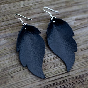 May include: A pair of black leather feather earrings with silver hooks.