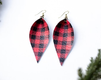Red and Black Buffalo Plaid/Christmas Leather Earrings/ Leather Earrings/ Leather Leaf Earrings