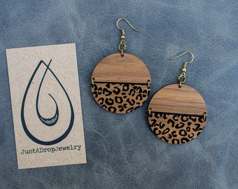 Leopard Print Earrings/Wooden Earrings/Laser Cut Earrings/ Engraved Earrings/ Statement Earrings