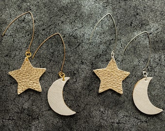 Star and Moon Leather Earrings/ Falling Star Earrings/ Double Sided/ Essential Oil Jewelry