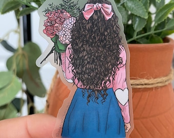 CLEAR curly long hair  pink floral heart weatherproof vinyl Stickers