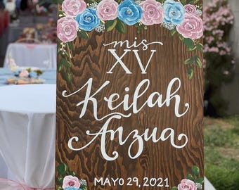 Welcome wooden wedding quinceanera sign floral welcome to our beginning / to our forever mis vx mis quince