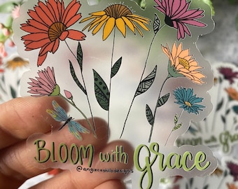 CLEAR Bloom with Grace Floral Cute weatherproof vinyl Stickers