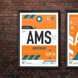 Personalised Amsterdam city airport codes print in style of vintage luggage tag.  Unique travel print with airport codes. 4 different styles