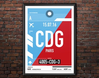 Personalized Paris city airport codes print in style of vintage luggage tag. Unique travel print with airport codes. 4 different styles