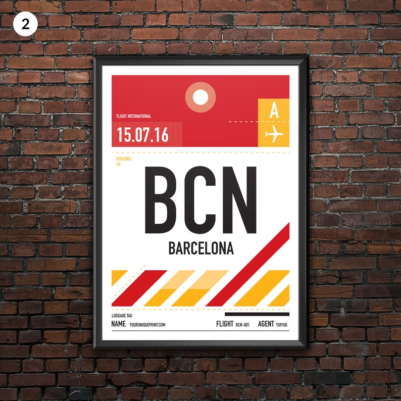 Personalized Barcelona BCN airport tag print in style of vintage luggage label. Four different styles with complete personalization. image 3