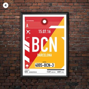 Personalized Barcelona BCN airport tag print in style of vintage luggage label. Four different styles with complete personalization. image 5