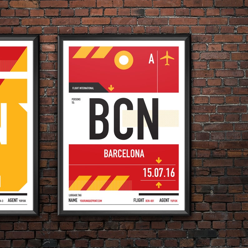 Personalized Barcelona BCN airport tag print in style of vintage luggage label. Four different styles with complete personalization. image 1