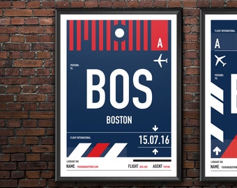 Personalized Boston (BOS) airport tag print in style of vintage luggage label.  Four different styles with complete personalization.