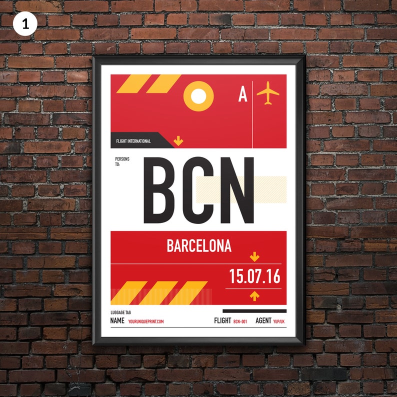 Personalized Barcelona BCN airport tag print in style of vintage luggage label. Four different styles with complete personalization. image 2