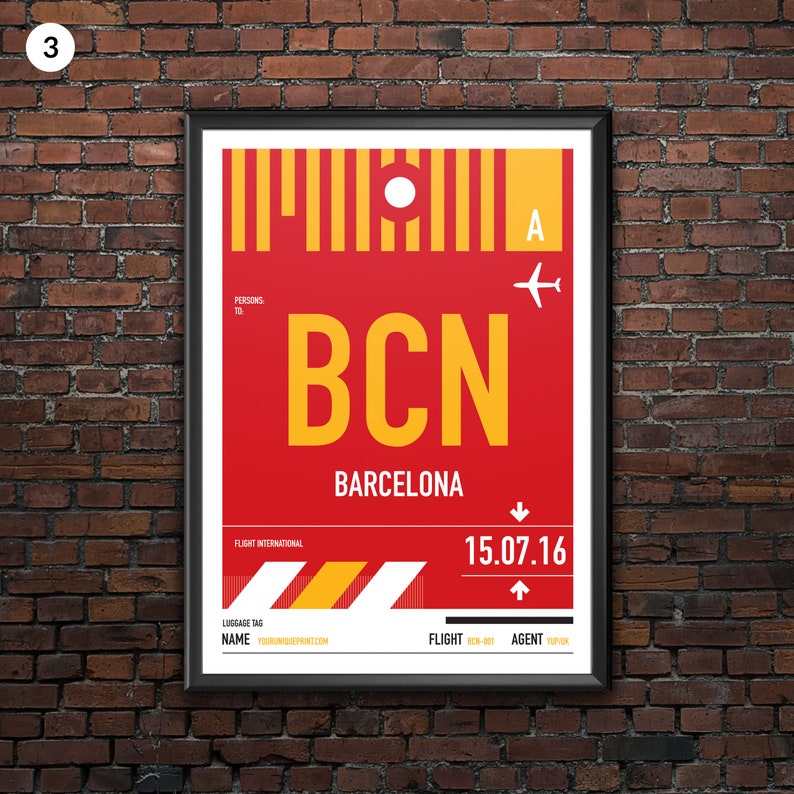 Personalized Barcelona BCN airport tag print in style of vintage luggage label. Four different styles with complete personalization. image 4