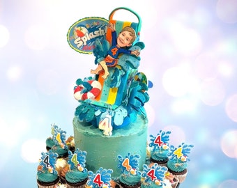 Water slide party cake topper personalized, Swimming pool birthday centerpiece, Beach and pool custom theme party