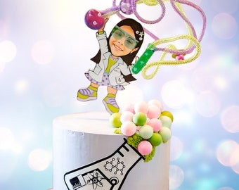 Science cake topper personalized for girls, Mad scientist party decor, Laboratory birthday cake topper K1