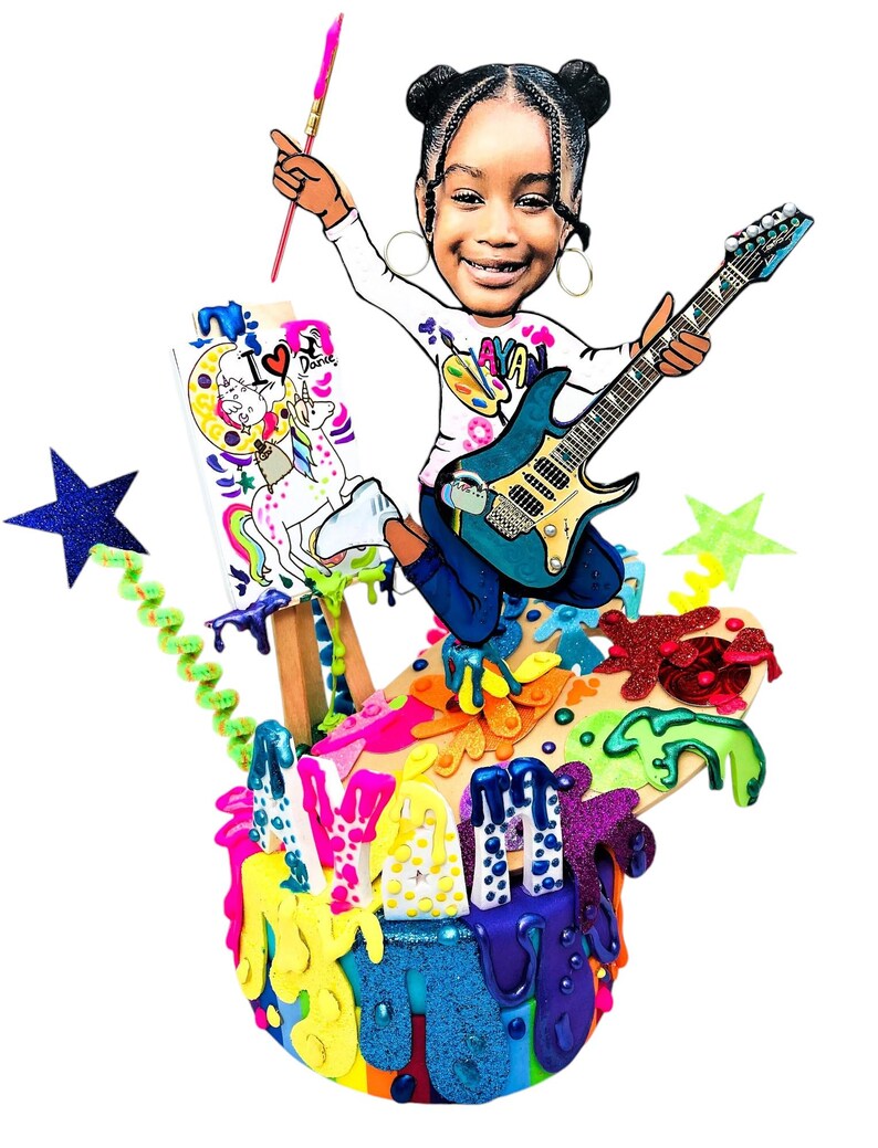 May include: A vibrant illustration of a girl playing a blue electric guitar and holding a paintbrush. She stands on a colourful artist's palette with dripping paint. A canvas displays a unicorn and the words "I Love Dance".