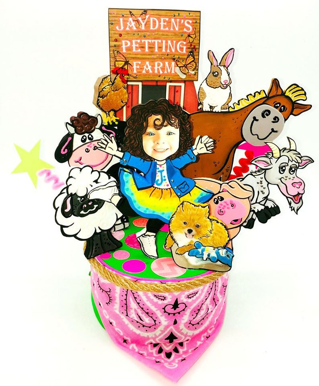 Farm Animal Cake Topper Personalized, Barnyard Themed Birthday, Cow Pig