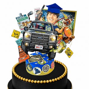 K&ouml;nnte beinhalten: Ein mehrschichtiger Tortenaufleger mit einem schwarzen Ford-Truck, einem Absolventen mit blauer Kappe und verschiedenen hobbybezogenen Motiven, darunter ein Football, ein Fisch, ein Verkehrskegel und Stra&szlig;enschilder mit der Aufschrift Oliver Graduation Av.