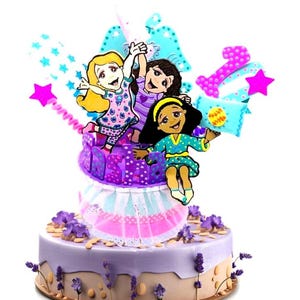 May include: A purple and blue cake topper with three girls wearing pajamas and holding a pillow. The topper is on a purple cake with lavender flowers.