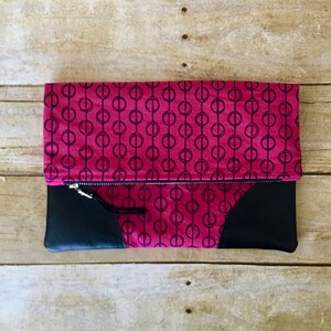 Modern Floral Fold Over Pouch Trimmed in Faux Leather - Zipper Pouch - Clutch - Tablet Case - Cosmetic Bag