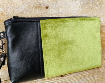 Velvet Wristlet Clutch - Chartreuse Velvet Wristlet Clutch - Faux Leather Accent Wristlet Clutch - Velvet and Faux Leather Wristlet