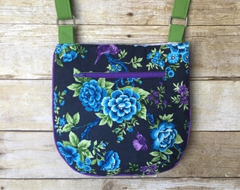 Trail Tote Crossbody Bag - Blue and Purple Floral Crossbody Bag