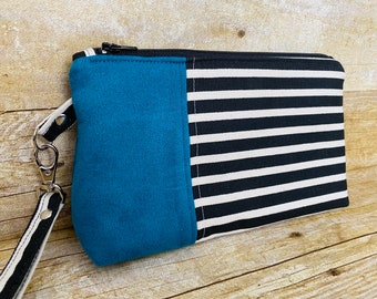 Striped Wristlet Clutch - Colorblocked Wristlet Clutch - Faux Suede Accent Wristlet Clutch