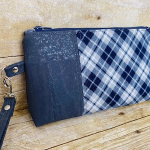 Navy and Grey Plaid Wristlet Clutch, Colorblocked Wristlet Clutch, Cork Accent Wristlet