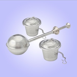 May include: Three stainless steel tea infusers. One infuser is a ball with a chain attached. The other two infusers are cylindrical with lids and chains.
