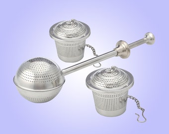 May include: Three stainless steel tea infusers. One infuser is a ball with a chain attached. The other two infusers are cylindrical with lids and chains.