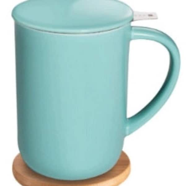 Super Fast Shipping | Ceramic Mug with Stainless Steel Infuser & Bamboo Coaster 14oz Seafoam Green