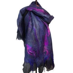 Handmade Felted Shawl. Blue and Purple Nuno Felt Wrap. Merino Wool & Silk Scarf. Unique Gift for Her